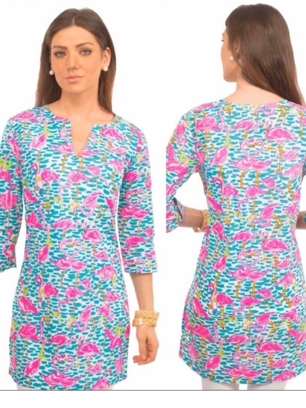 Gretchen Scott Blue Pink Flamingo Beach Tunic Dress SZ XS